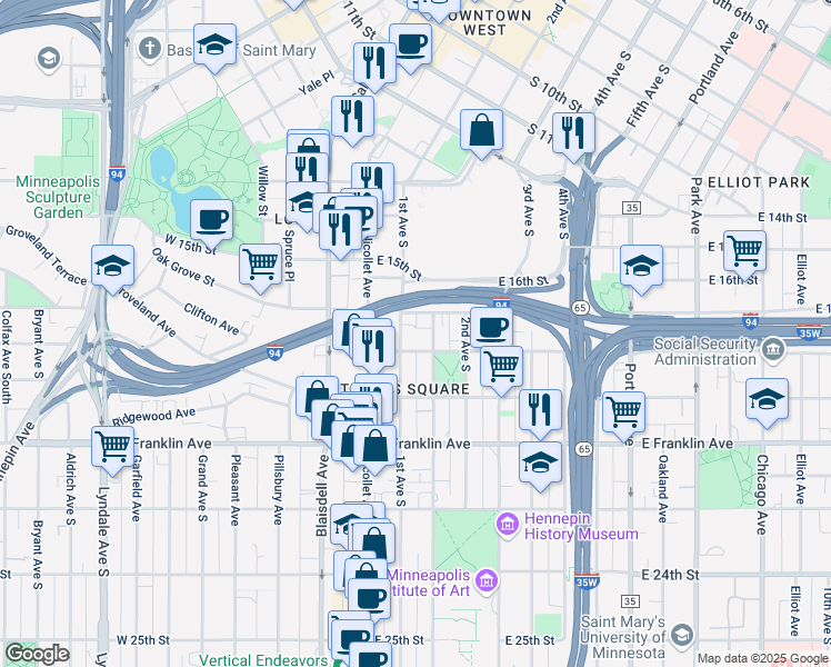 map of restaurants, bars, coffee shops, grocery stores, and more near 110 East 18th Street in Minneapolis