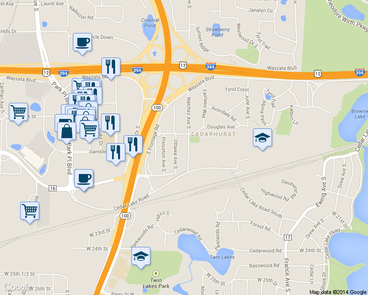 map of restaurants, bars, coffee shops, grocery stores, and more near 1630 Natchez Avenue South in St. Louis Park
