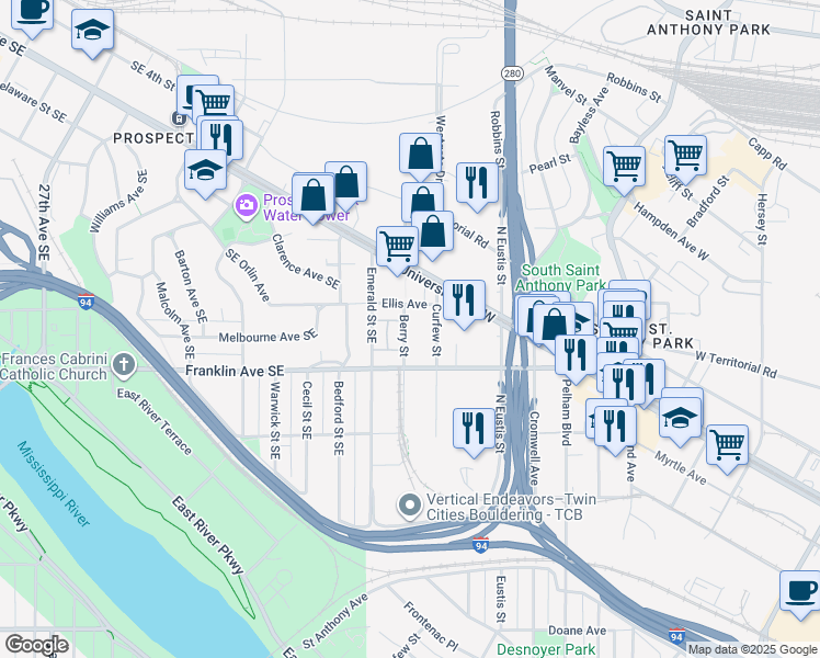 map of restaurants, bars, coffee shops, grocery stores, and more near 808 Berry Street in Saint Paul