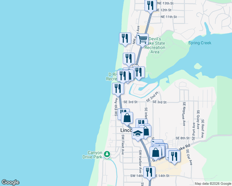 map of restaurants, bars, coffee shops, grocery stores, and more near 247 Southwest Ebb Avenue in Lincoln City
