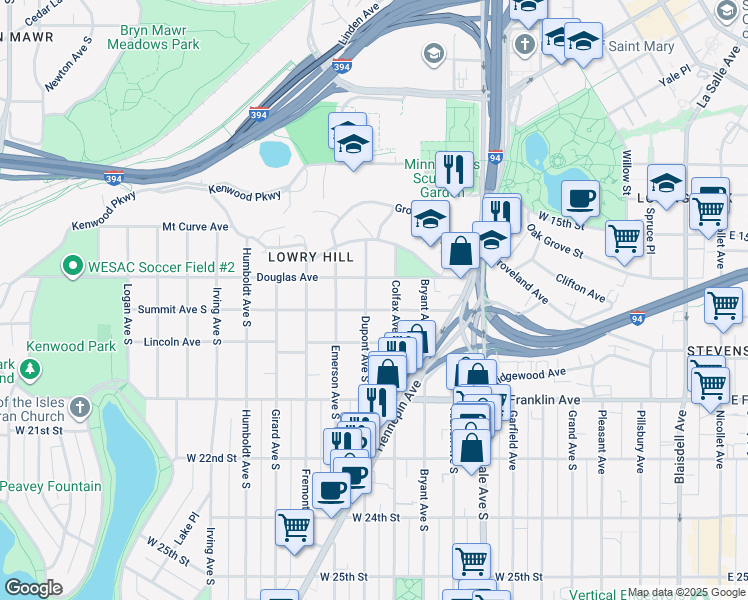 map of restaurants, bars, coffee shops, grocery stores, and more near 1787 Dupont Avenue South in Minneapolis