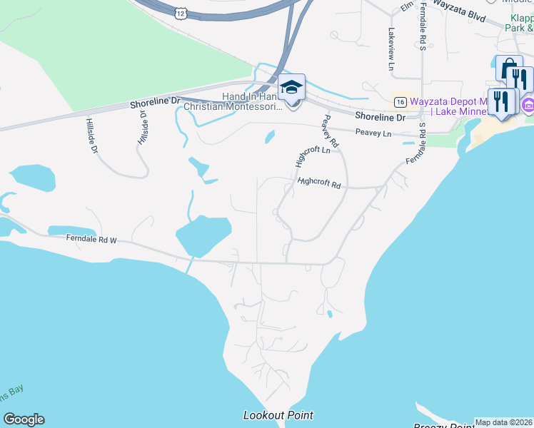 map of restaurants, bars, coffee shops, grocery stores, and more near 485 Bovey Road in Wayzata