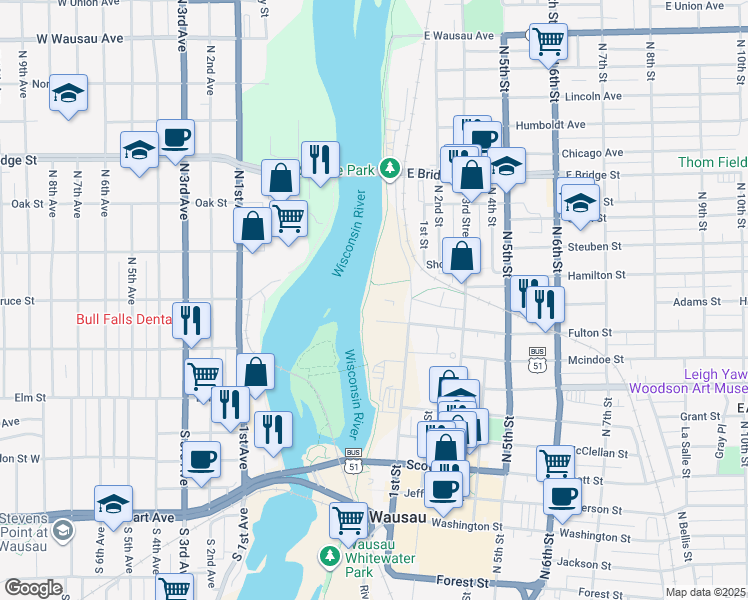 map of restaurants, bars, coffee shops, grocery stores, and more near 1010 1st St in Wausau