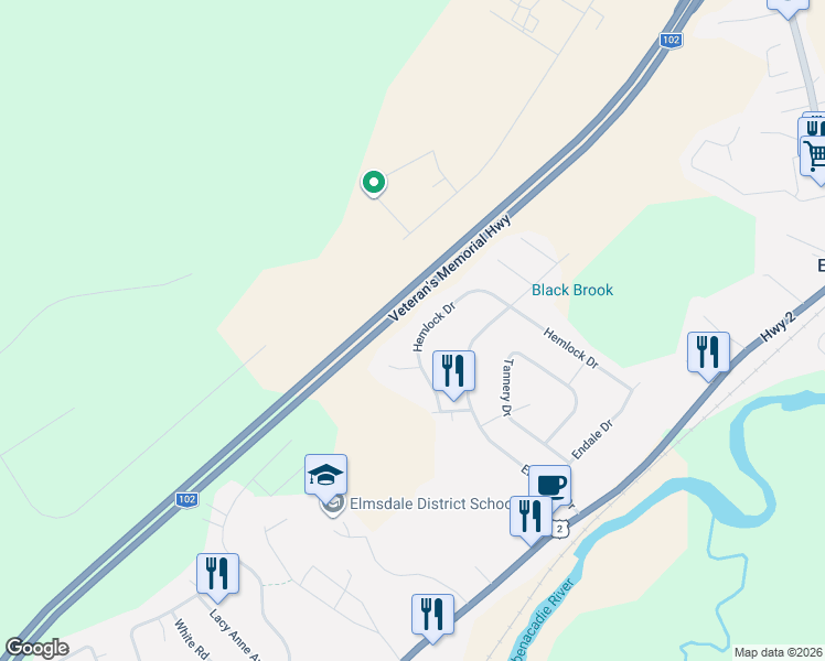 map of restaurants, bars, coffee shops, grocery stores, and more near 134 Hemlock Drive in Elmsdale