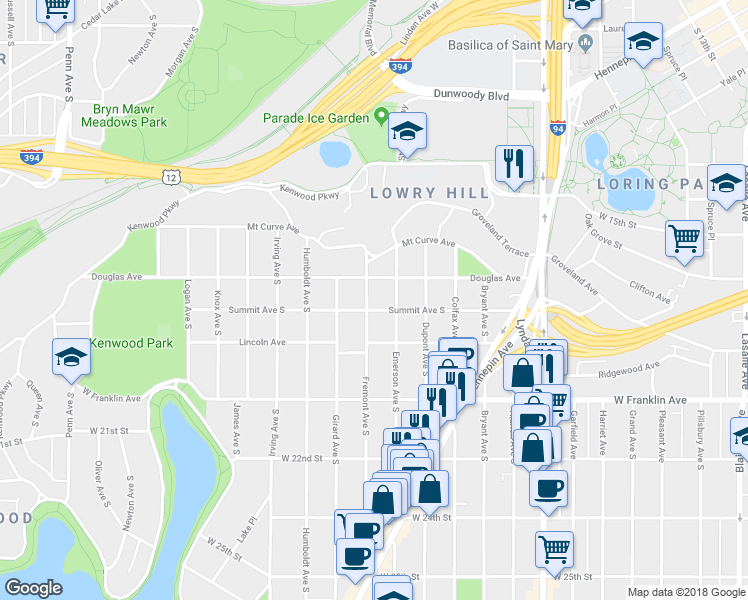 map of restaurants, bars, coffee shops, grocery stores, and more near 1218 Summit Avenue in Minneapolis