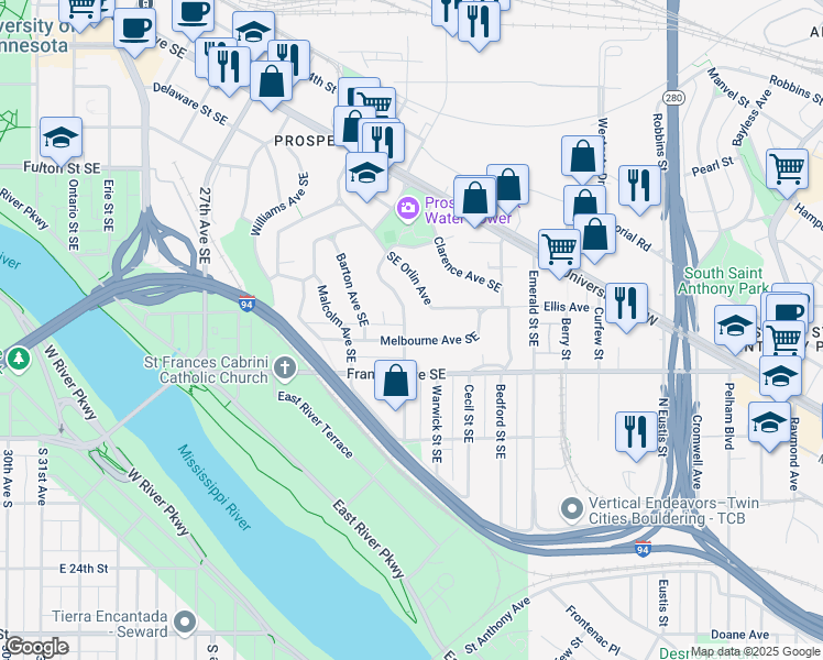 map of restaurants, bars, coffee shops, grocery stores, and more near 100 Melbourne Avenue Southeast in Minneapolis