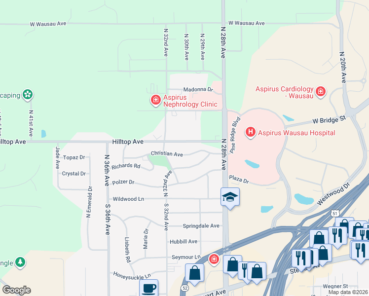 map of restaurants, bars, coffee shops, grocery stores, and more near 3016 Christian Avenue in Wausau