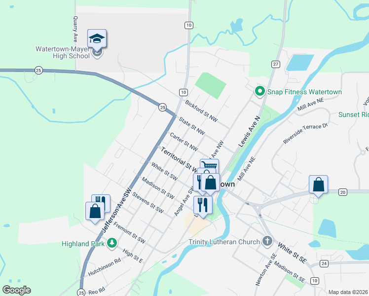 map of restaurants, bars, coffee shops, grocery stores, and more near 104 Franklin Avenue Northwest in Watertown