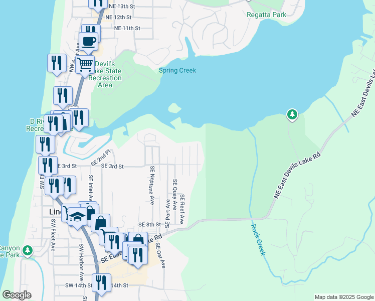 map of restaurants, bars, coffee shops, grocery stores, and more near 203 Southeast Surf Avenue in Lincoln City