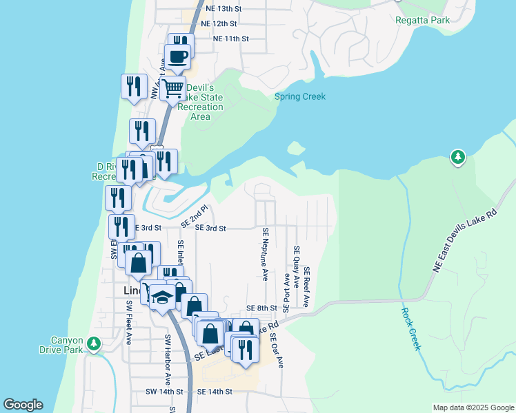 map of restaurants, bars, coffee shops, grocery stores, and more near Southeast Mast Avenue in Lincoln City