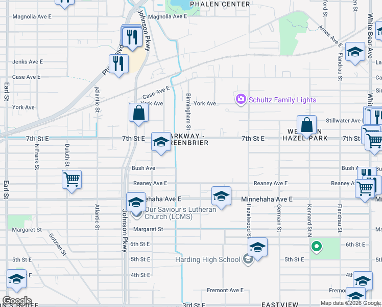 map of restaurants, bars, coffee shops, grocery stores, and more near 1428 7th Street East in Saint Paul