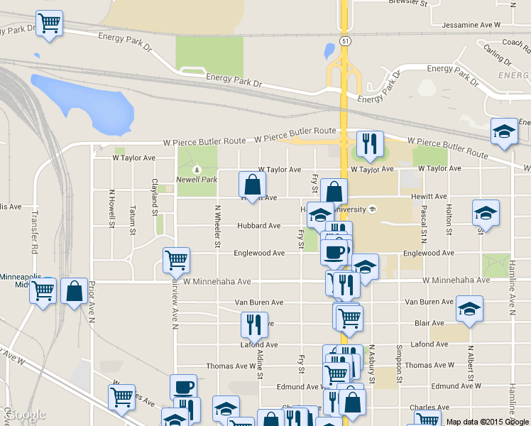 map of restaurants, bars, coffee shops, grocery stores, and more near 1709 Hubbard Avenue in Saint Paul