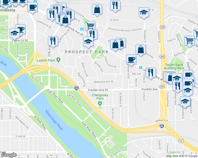 map of restaurants, bars, coffee shops, grocery stores, and more near 100 Melbourne Avenue Southeast in Minneapolis