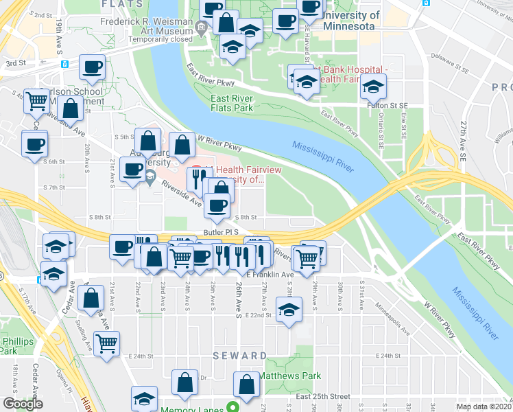 map of restaurants, bars, coffee shops, grocery stores, and more near 2608 South 8th Street in Minneapolis