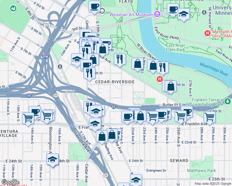 map of restaurants, bars, coffee shops, grocery stores, and more near 2016 South 8th Street in Minneapolis