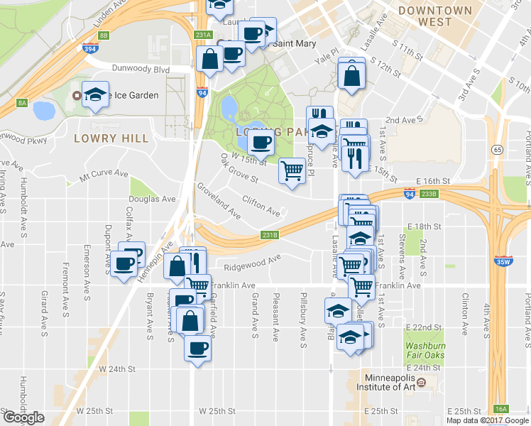 map of restaurants, bars, coffee shops, grocery stores, and more near 245 Clifton Avenue in Minneapolis