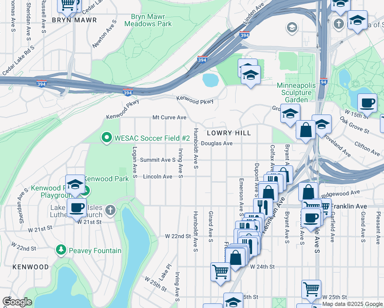 map of restaurants, bars, coffee shops, grocery stores, and more near 1502 Summit Avenue in Minneapolis
