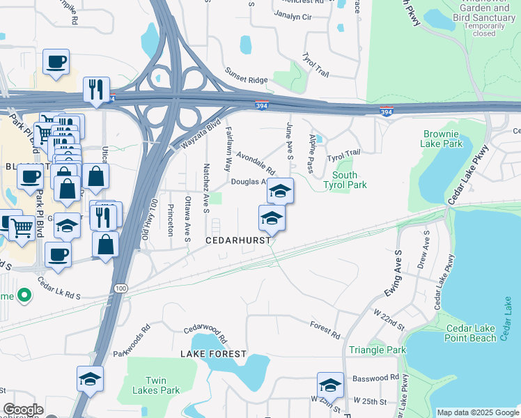 map of restaurants, bars, coffee shops, grocery stores, and more near 4418 Cedar Lake Road in Minneapolis
