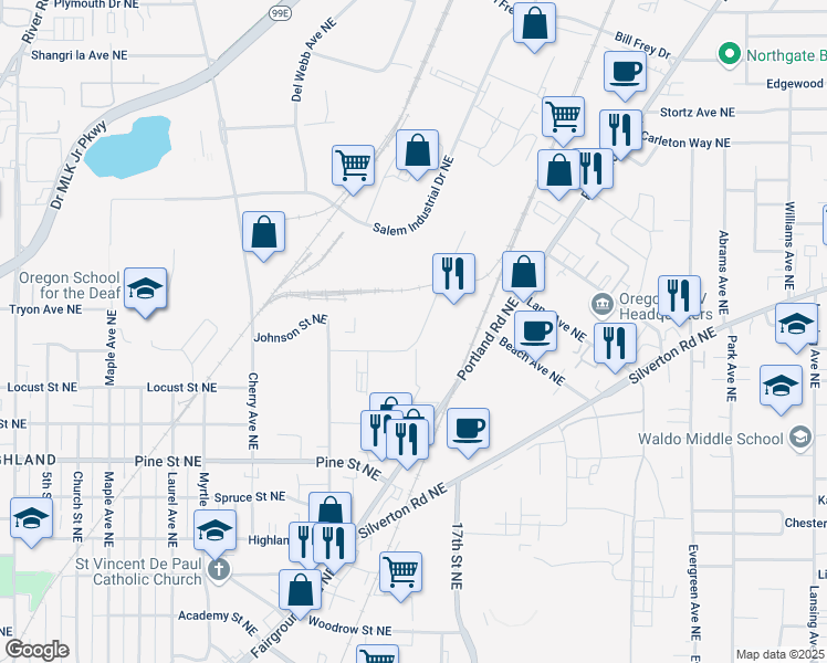 map of restaurants, bars, coffee shops, grocery stores, and more near 3029 Industrial Way Northeast in Salem