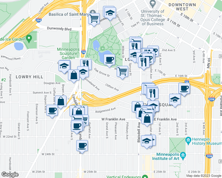 map of restaurants, bars, coffee shops, grocery stores, and more near 245 Clifton Avenue in Minneapolis