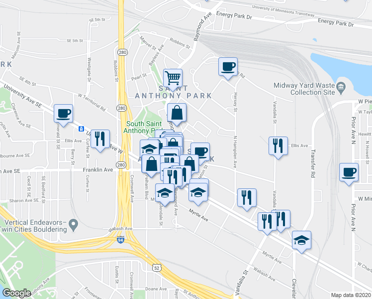 map of restaurants, bars, coffee shops, grocery stores, and more near 825 Seal Street in Saint Paul