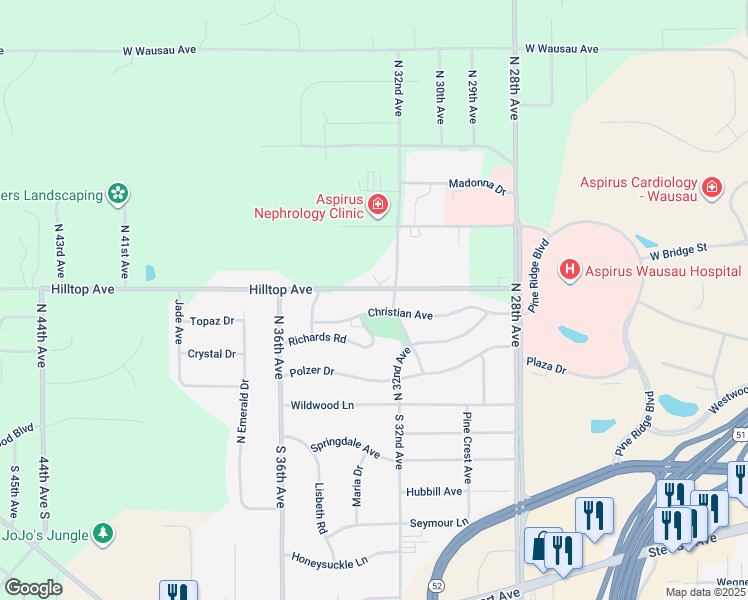 map of restaurants, bars, coffee shops, grocery stores, and more near 3304 Christian Avenue in Wausau
