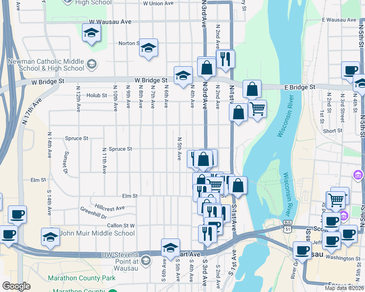 map of restaurants, bars, coffee shops, grocery stores, and more near 228 North 5th Avenue in Wausau