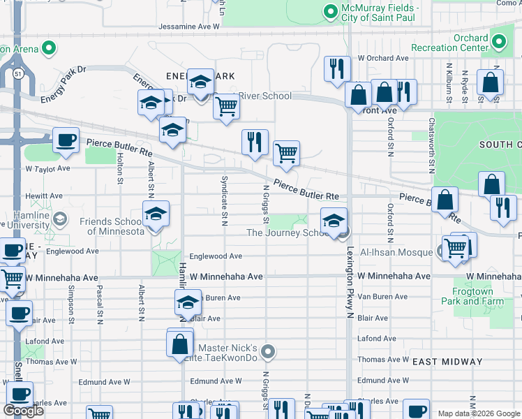map of restaurants, bars, coffee shops, grocery stores, and more near 1217 Hubbard Avenue in Saint Paul