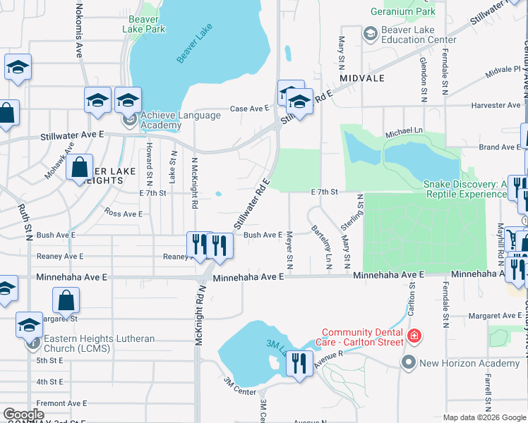 map of restaurants, bars, coffee shops, grocery stores, and more near 2322 Stillwater Road East in Maplewood