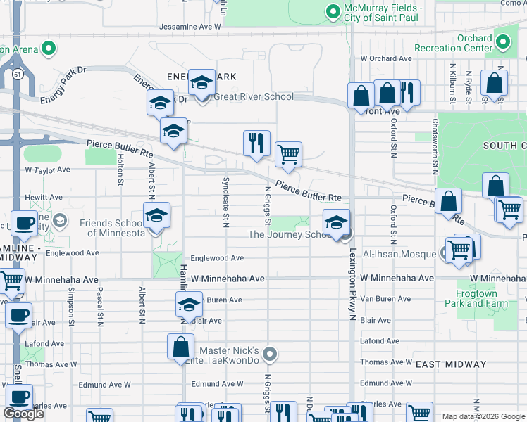 map of restaurants, bars, coffee shops, grocery stores, and more near 1217 Hubbard Avenue in Saint Paul