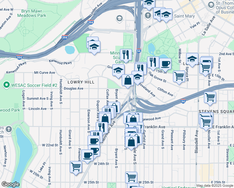 map of restaurants, bars, coffee shops, grocery stores, and more near 900 Summit Avenue in Minneapolis