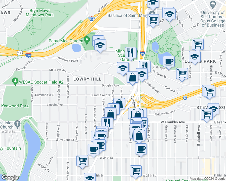 map of restaurants, bars, coffee shops, grocery stores, and more near 1787 Dupont Avenue South in Minneapolis