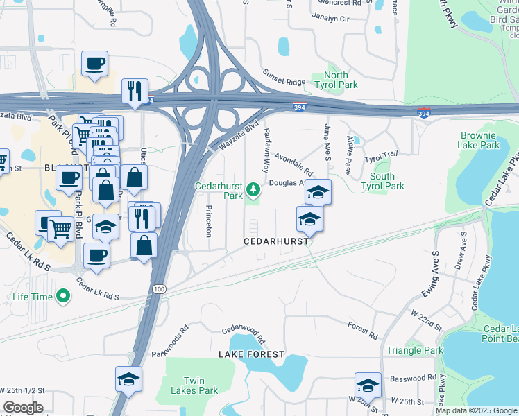 map of restaurants, bars, coffee shops, grocery stores, and more near 4584 Cedar Lake Road in Minneapolis