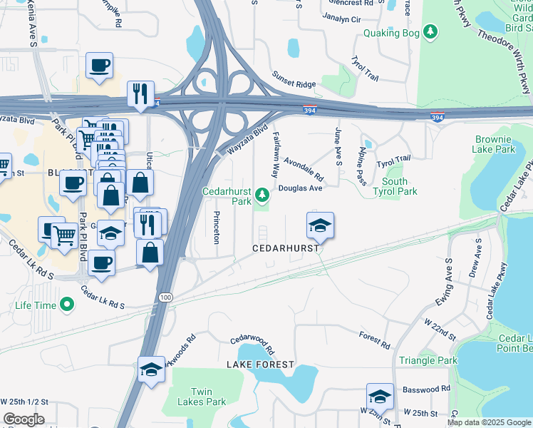 map of restaurants, bars, coffee shops, grocery stores, and more near 4584 Cedar Lake Road in Minneapolis