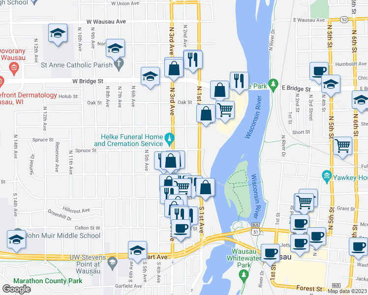 map of restaurants, bars, coffee shops, grocery stores, and more near 302 North 2nd Avenue in Wausau