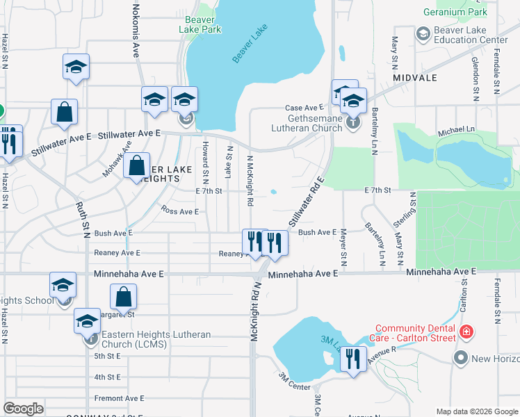 map of restaurants, bars, coffee shops, grocery stores, and more near 796 North McKnight Road in Maplewood