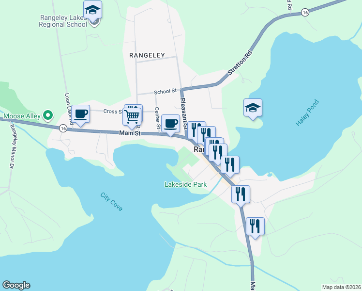 map of restaurants, bars, coffee shops, grocery stores, and more near 2582 Main Street in Rangeley