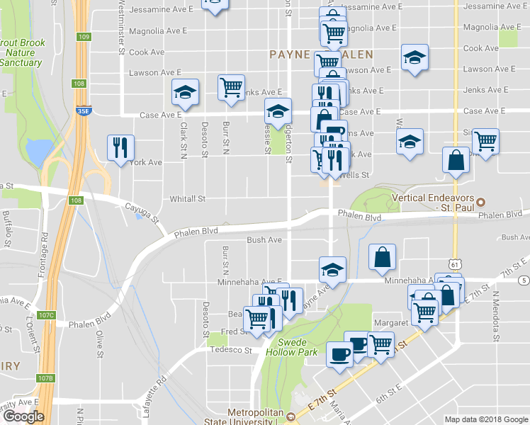 map of restaurants, bars, coffee shops, grocery stores, and more near 533 Phalen Boulevard in Saint Paul