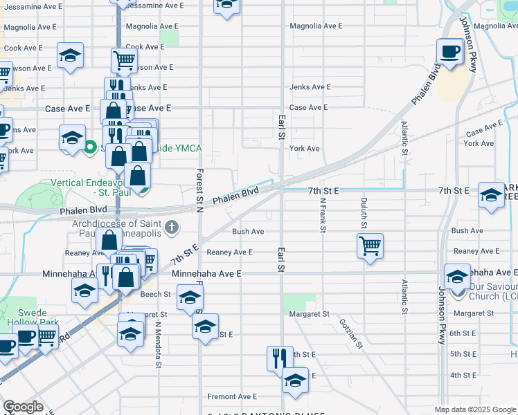 map of restaurants, bars, coffee shops, grocery stores, and more near 1028 Ross Avenue in Saint Paul