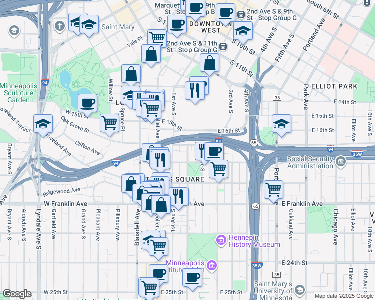 map of restaurants, bars, coffee shops, grocery stores, and more near 1706 Stevens Avenue South in Minneapolis