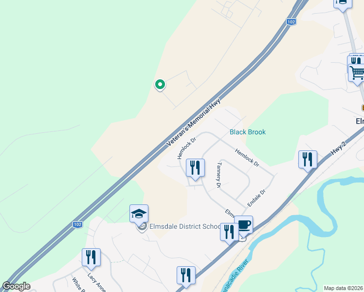 map of restaurants, bars, coffee shops, grocery stores, and more near 128 Hemlock Drive in Elmsdale