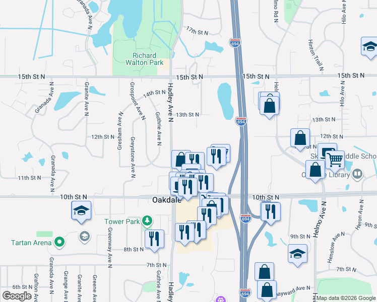 map of restaurants, bars, coffee shops, grocery stores, and more near 1135 Hadley Avenue North in Oakdale