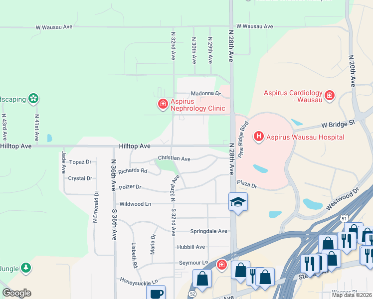 map of restaurants, bars, coffee shops, grocery stores, and more near 3016 Christian Avenue in Wausau