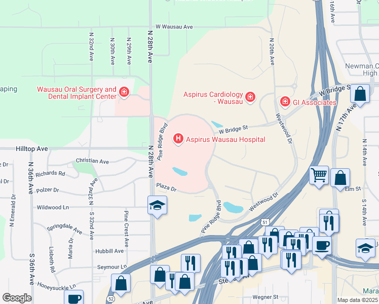 map of restaurants, bars, coffee shops, grocery stores, and more near 425 Pine Ridge Boulevard in Wausau