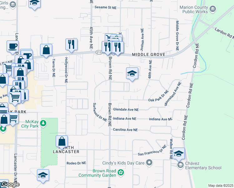 map of restaurants, bars, coffee shops, grocery stores, and more near 4623 Texas Avenue Northeast in Salem