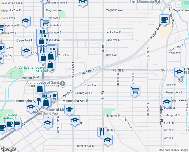 map of restaurants, bars, coffee shops, grocery stores, and more near 1028 Ross Avenue in Saint Paul