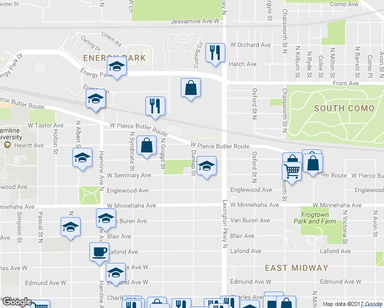 map of restaurants, bars, coffee shops, grocery stores, and more near 1188 Hubbard Avenue in Saint Paul