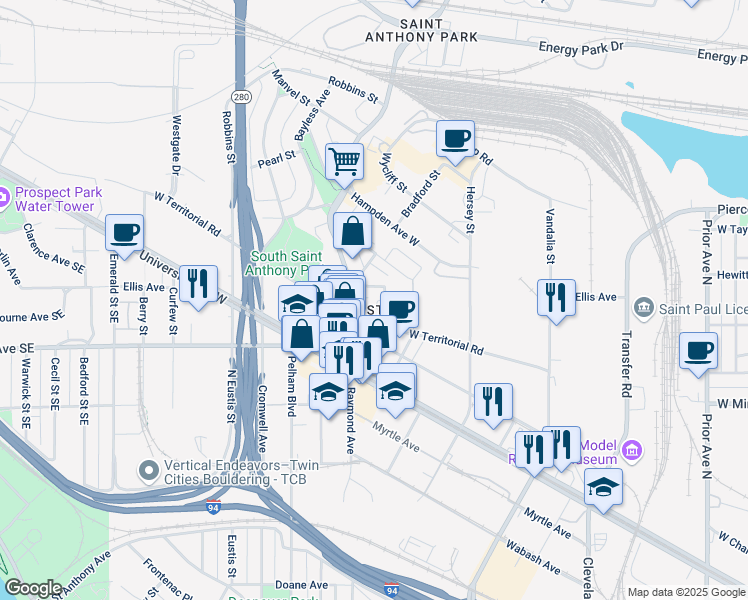 map of restaurants, bars, coffee shops, grocery stores, and more near 825 Seal Street in Saint Paul
