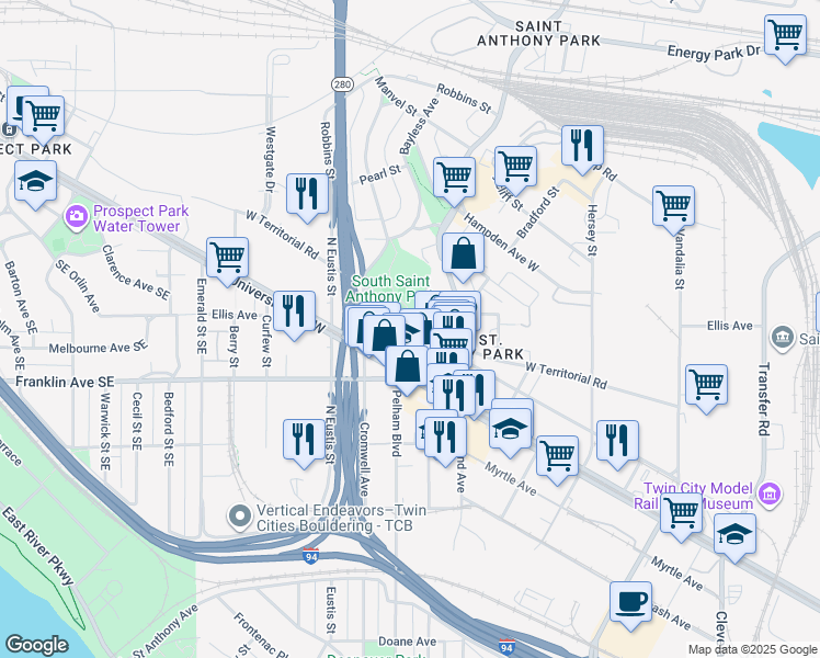 map of restaurants, bars, coffee shops, grocery stores, and more near 2459 University Avenue West in Saint Paul