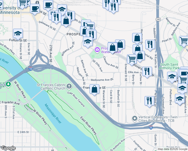 map of restaurants, bars, coffee shops, grocery stores, and more near 100 Melbourne Avenue Southeast in Minneapolis